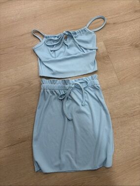 Light Blue Ribbed Drawstring Skirt - Women's Casual